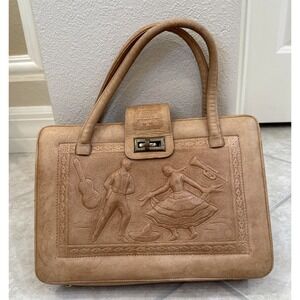 VTG Mexican Brown Hand Tooled Leather Purse Tote Aztec Calendar Hecho en Mexico